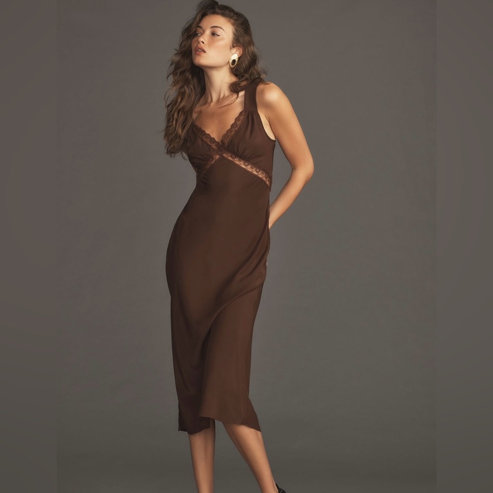 Reformation Provence Silk Dress Brown XS like new midi dress lace